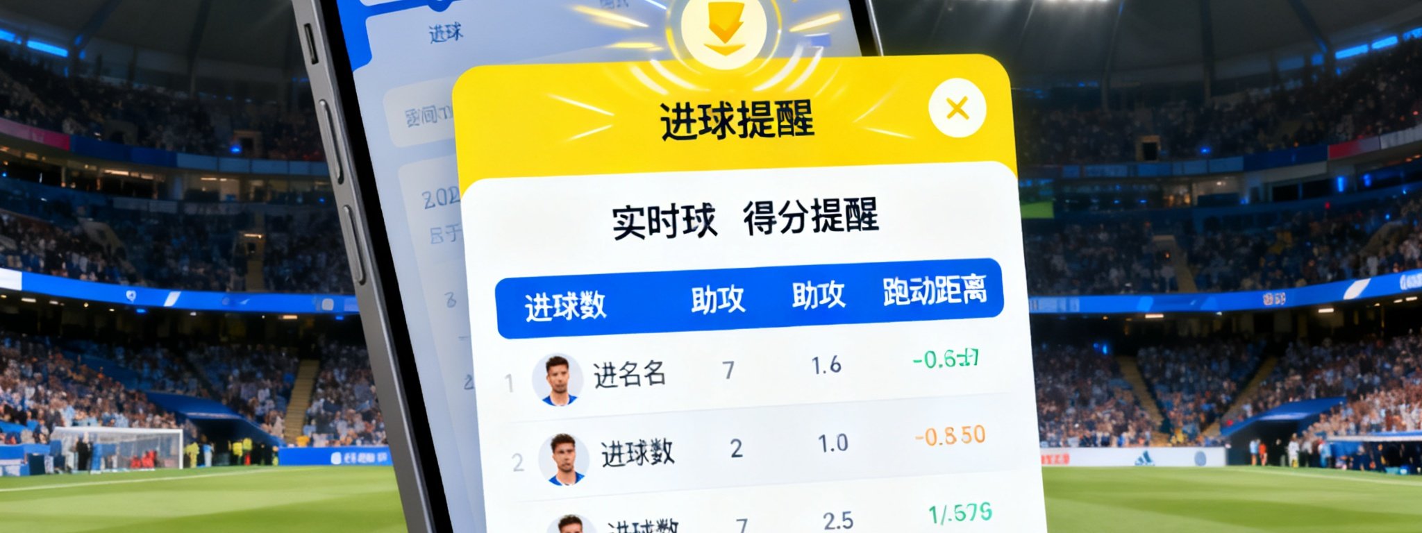 闪电比分功能界面，进球或得分时刻自动弹窗提醒，并伴有声效，用户可查看实时球员数据